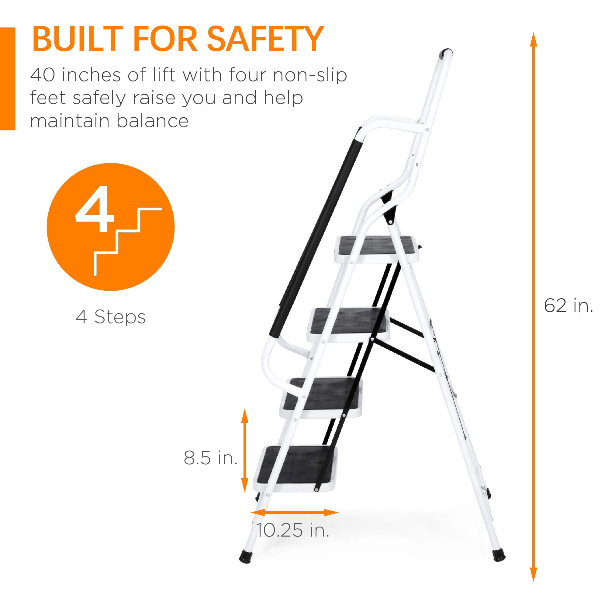 4 Step Folding Ladder with Hand Grip Non-Slip Safety Rails
