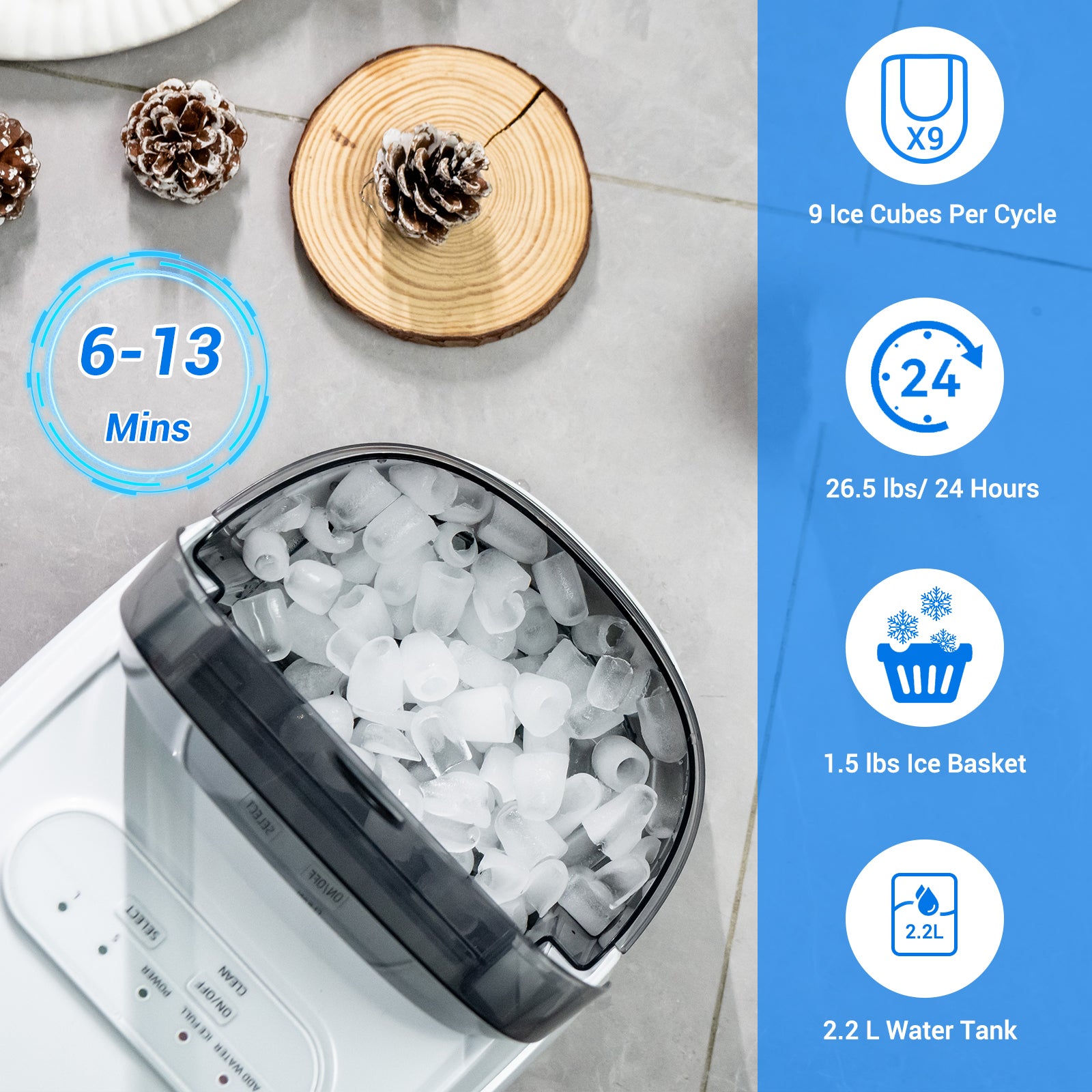 Countertop Ice Maker 26.5lbs/Day with Self-Cleaning Function and Flip Lid