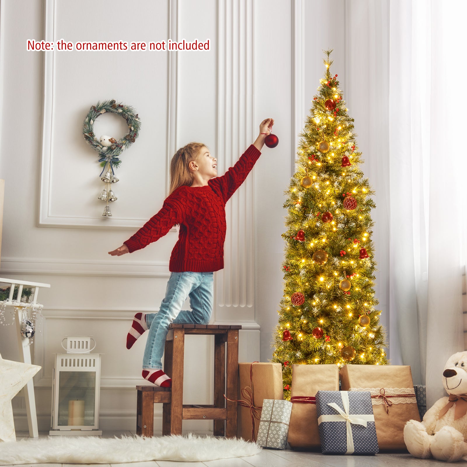 7 FT Pre-Lit Artificial Hinged Slim Pencil Christmas Tree
