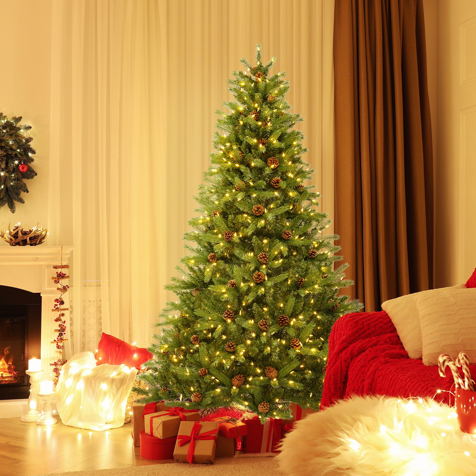 6 FT Artificial Christmas Tree with Pine Cones and Adjustable Brightness