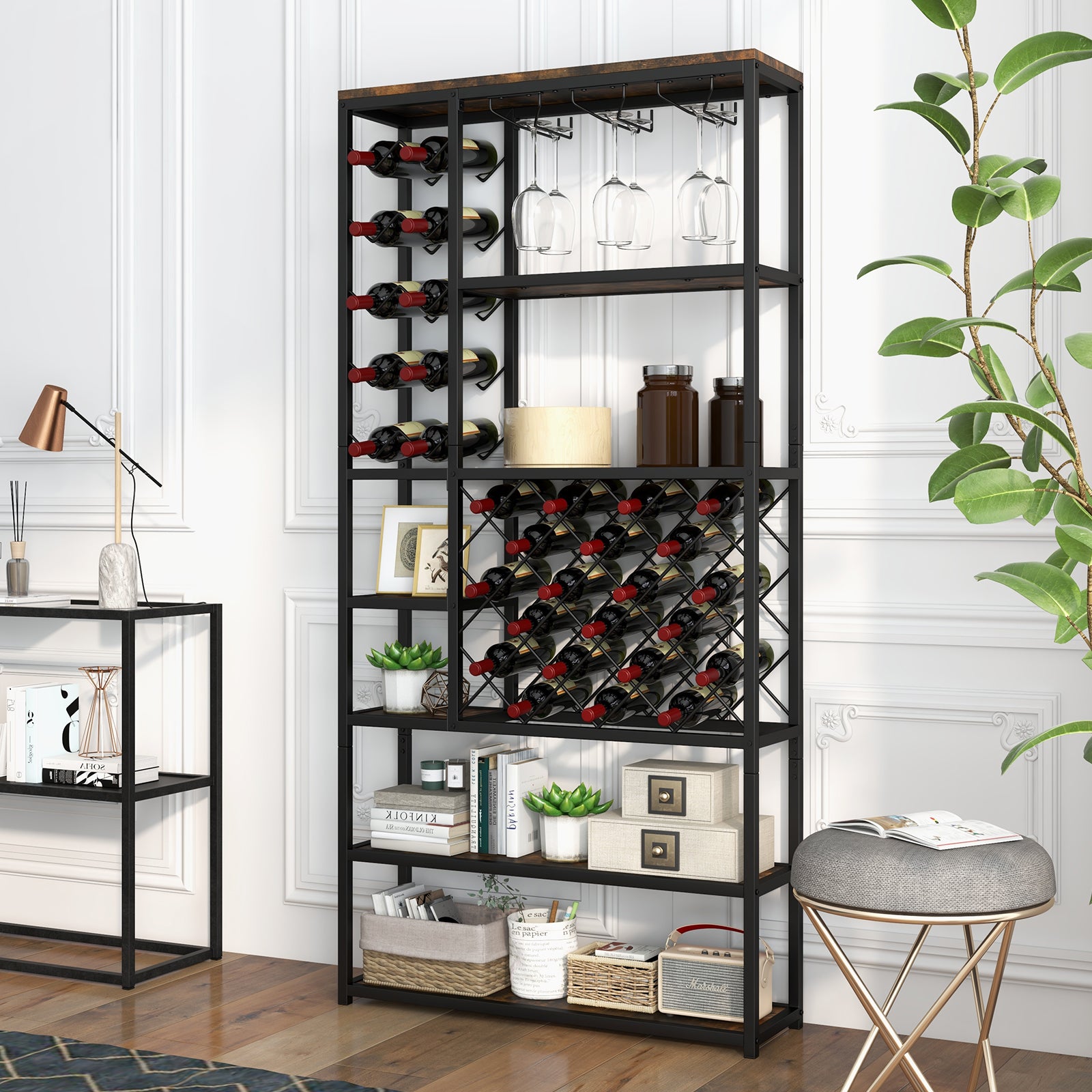 Industrial Floor Wine Rack with 3 Rows of Stemware Racks