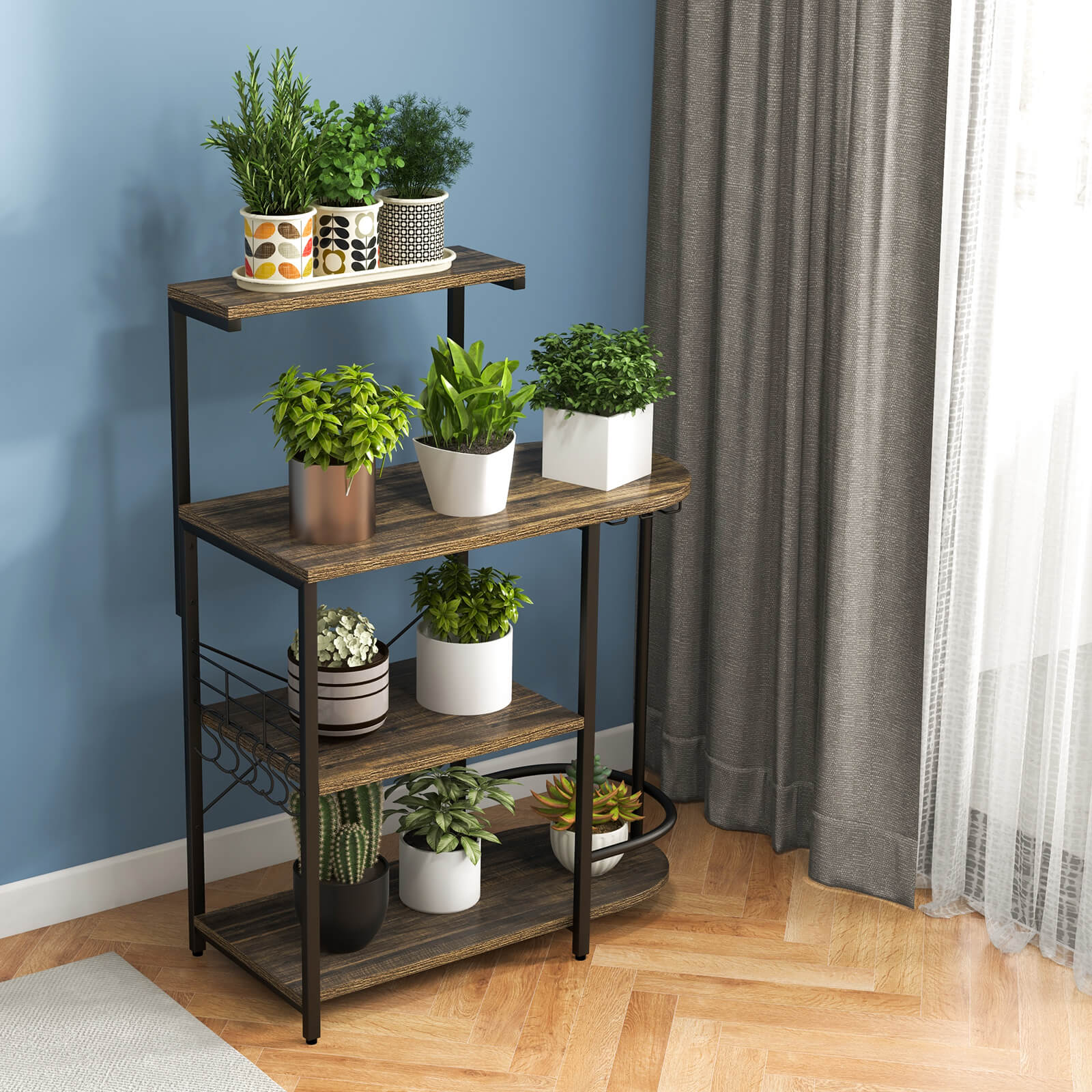 4-Tier Kitchen Bakers Rack with 6 S-Hooks and Stemware Racks