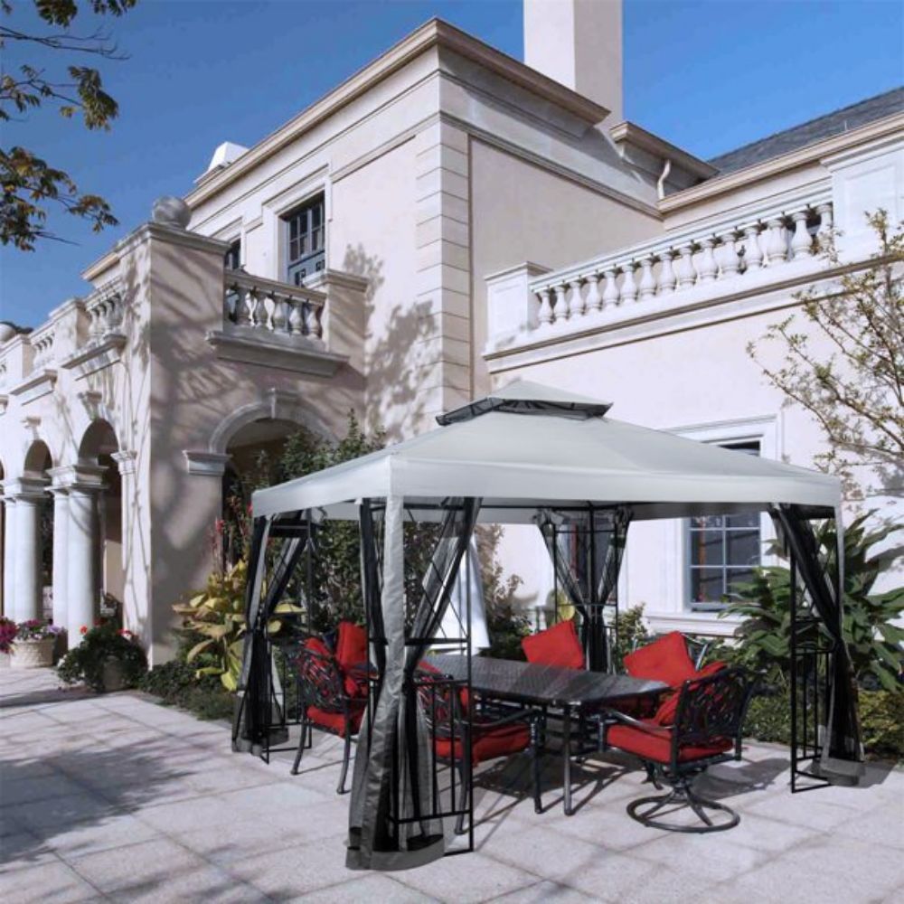 10' x 10' Patio Gazebo with Mosquito Net and Corner Shelves, Light Gray