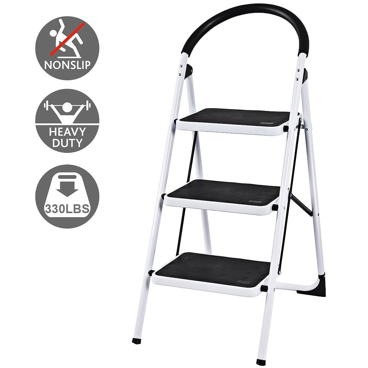SUGIFT  3 Step Ladder Folding Stool Heavy Duty 330Lbs Capacity Industrial Lightweight, Wh