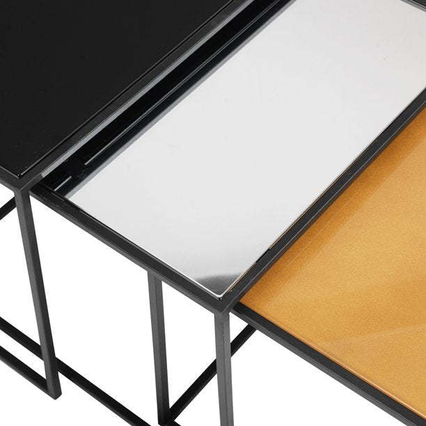 SUGIFT  3-Piece Mirror Top Nesting Coffee Table End Desk/Side Table Set in Black Steel Tube