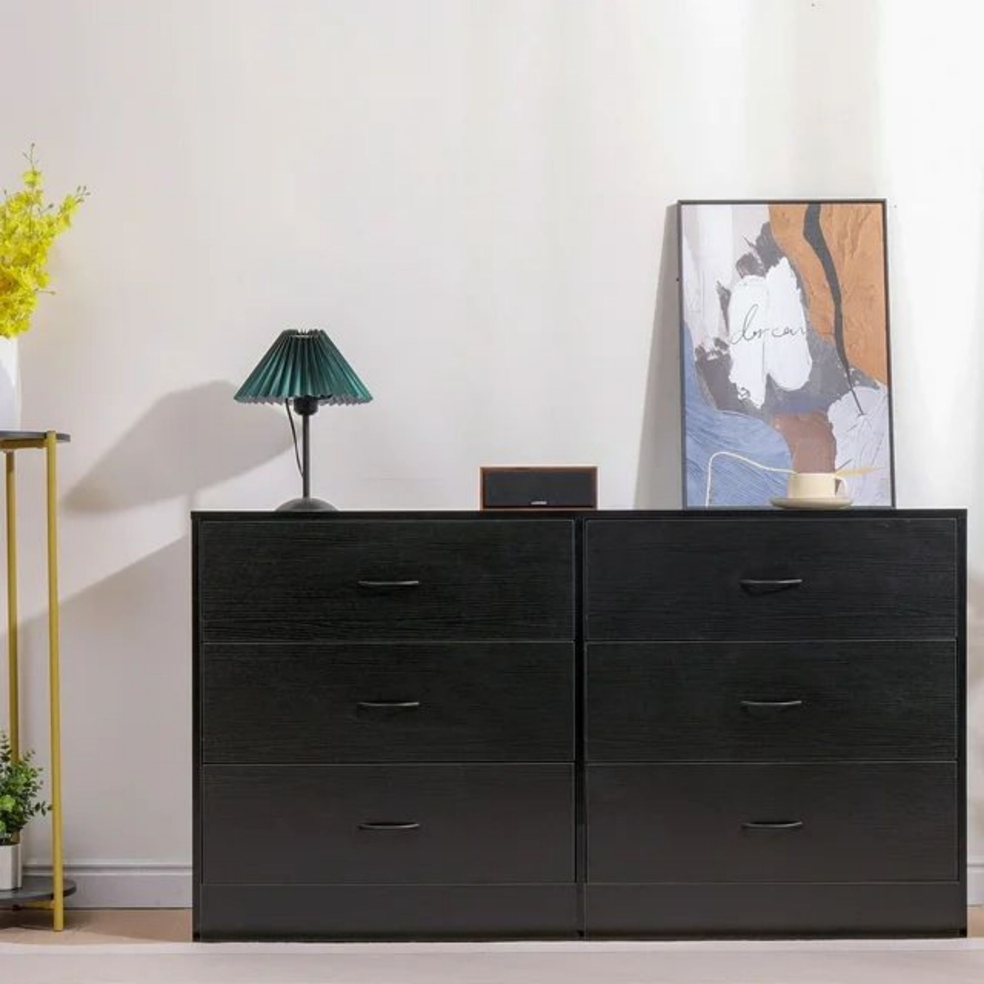 SUGIFT 6 Drawer Dressers Black Wood Dresser Chest of Drawers Double Dresser