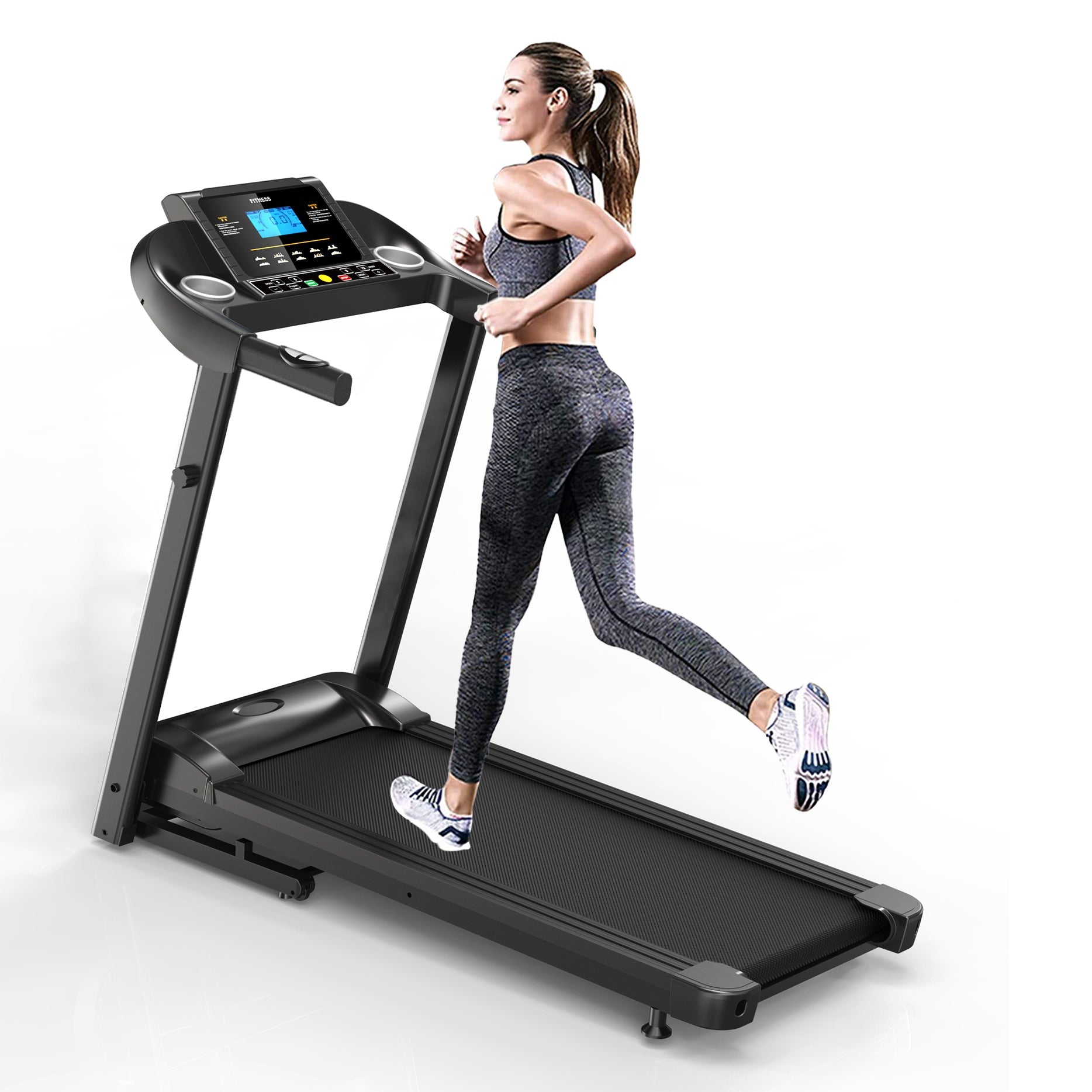 Home Gym Smart Fitness Equipment Foldable Motorized Treadmill LCD Display with Air Spring, Manual Incline, MP3