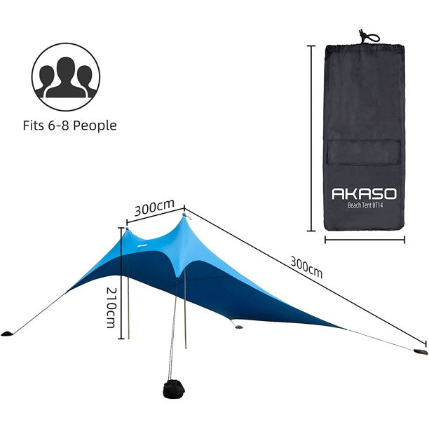 SUGIFT   Beach Tent, Portable Beach Canopy Sun Shelter UPF50+ for 6-8 People, for Beach, Camping Trips, Fishing, Backyard or Picnics (10¡Á10 FT with 2 Poles)