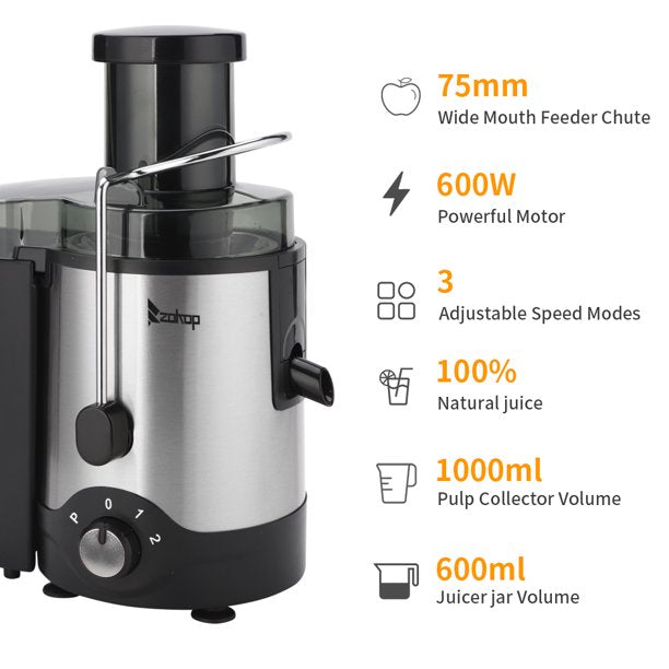 SUGIFT Electric Extraction Juice, Large Caliber 600ML Juice Cup 1000ML Slag Cup, Stainless Steel, Black