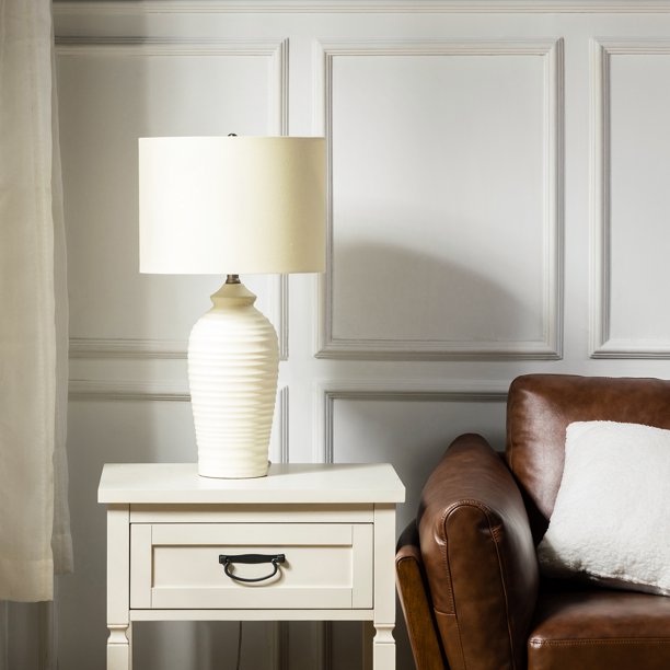 SUGIFT  24.7inch Modern LED Bedside Table Lamp with Drum-Shaped Linen Shade Beige