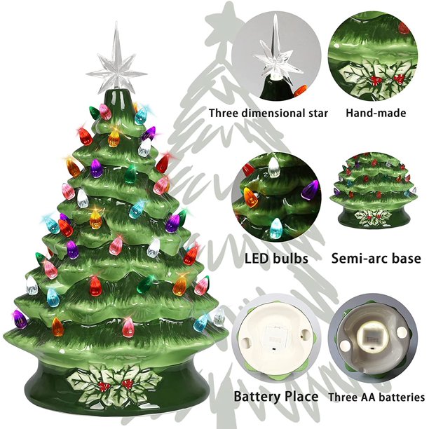SUGIFT  15in Pre-Lit Hand-Painted Ceramic Tabletop Christmas Tree w/ 64 Lights - Green