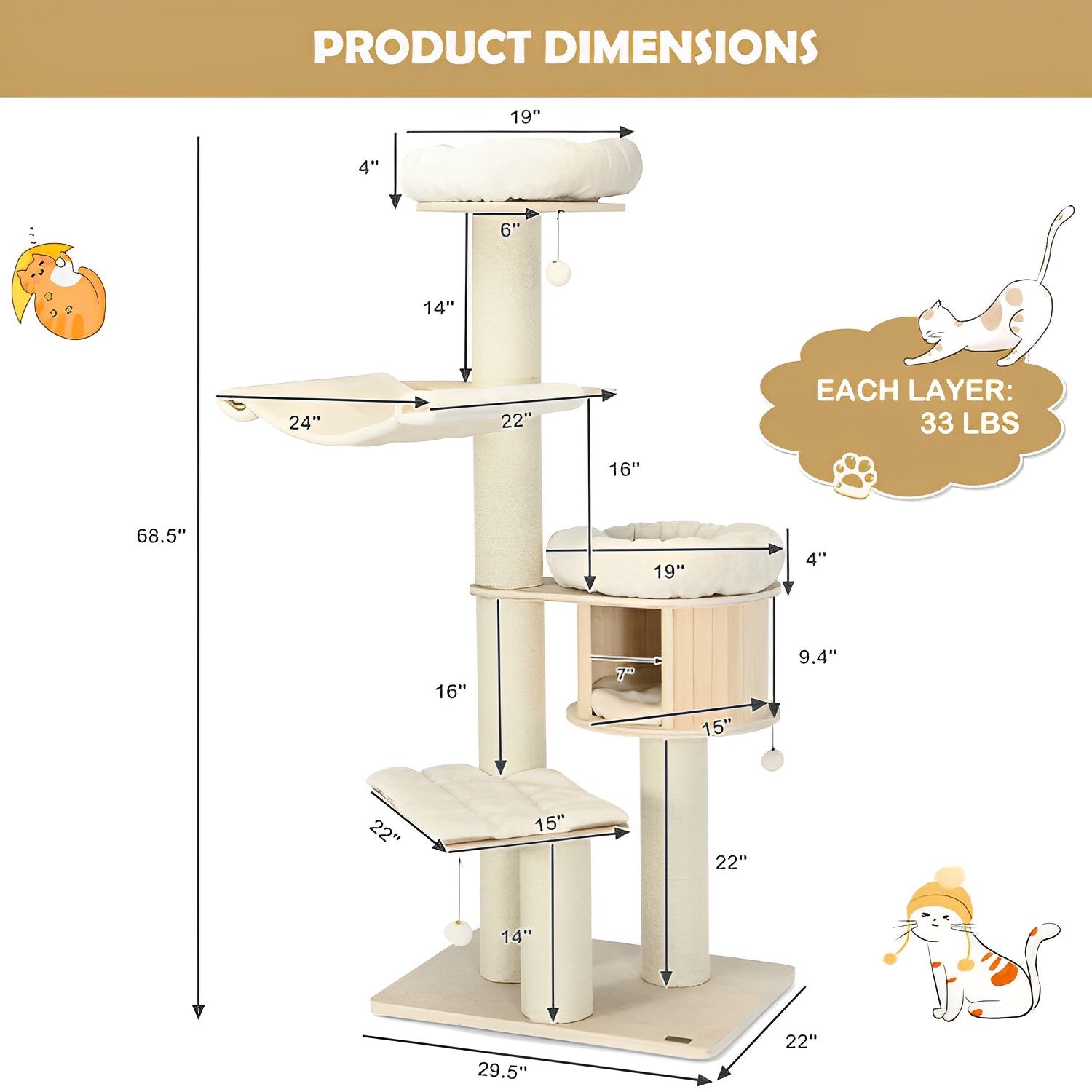 4-Layer 68.5-Inch Wooden Cat Tree Condo Activity Tower with Sisal Posts