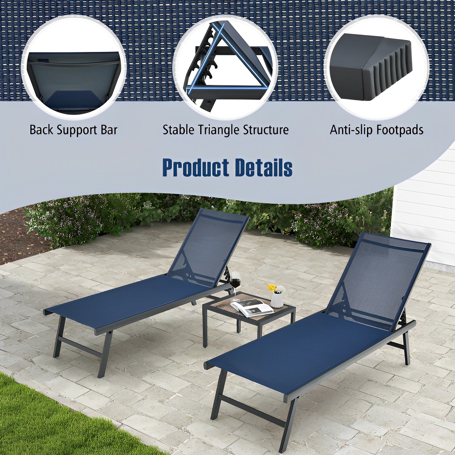 3 Pieces Patio Chaise Lounge Chair and Table Set for Poolside Yard