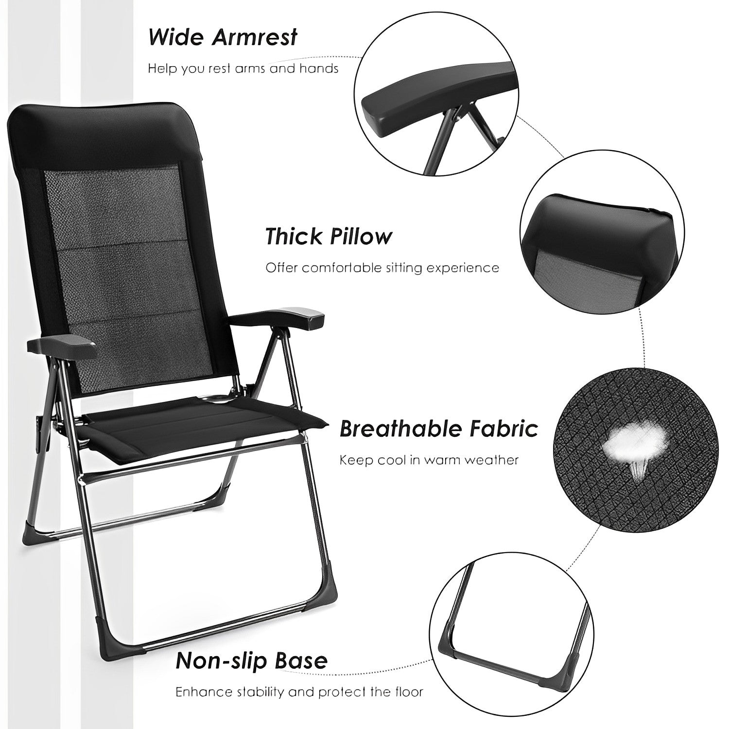 2 Pieces Portable Patio Folding Dining Chairs with Headrests Adjust