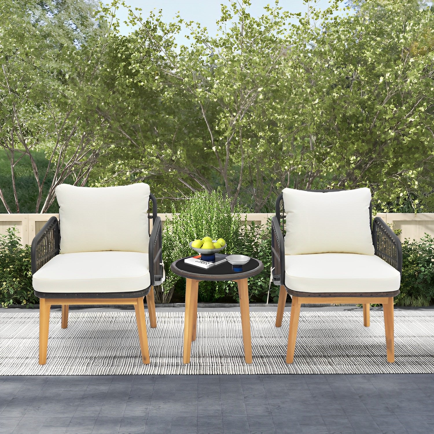 3 Pieces Patio Furniture Set with Cushioned Chairs and Tempered Glass Side Table