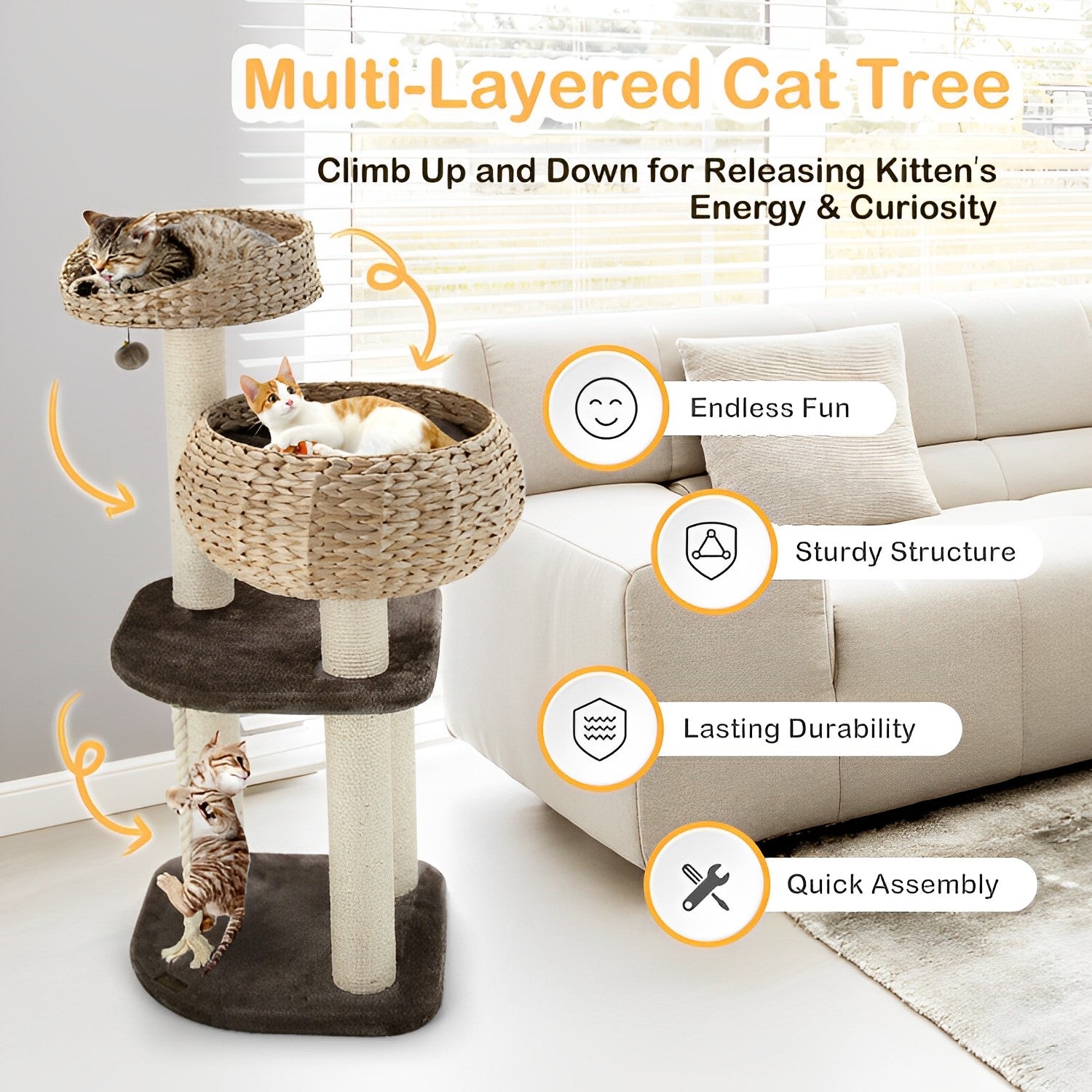 41 Inch Rattan Cat Tree with Napping Perch