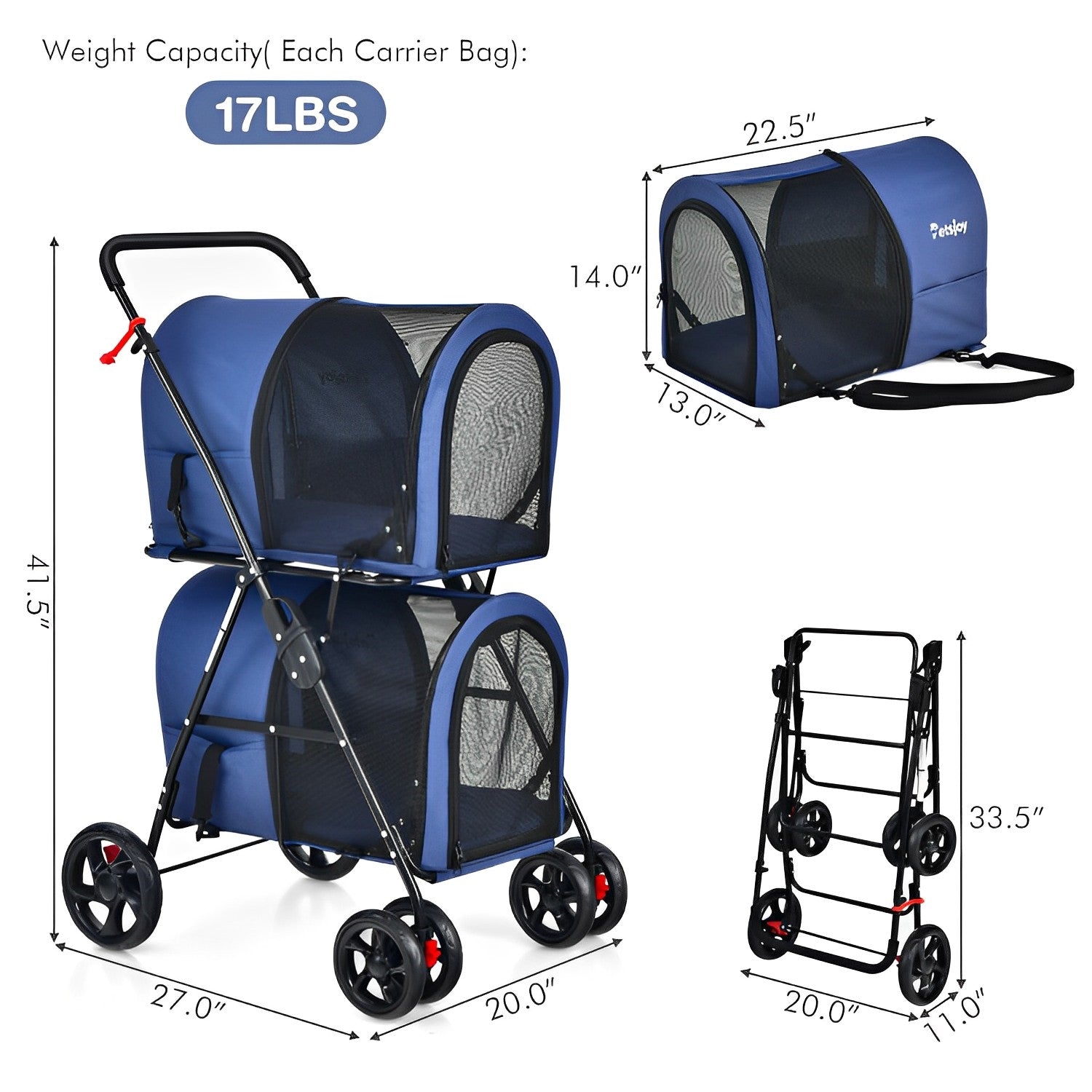 4-in-1 Double Pet Stroller with Detachable Carriers and Travel Carriage