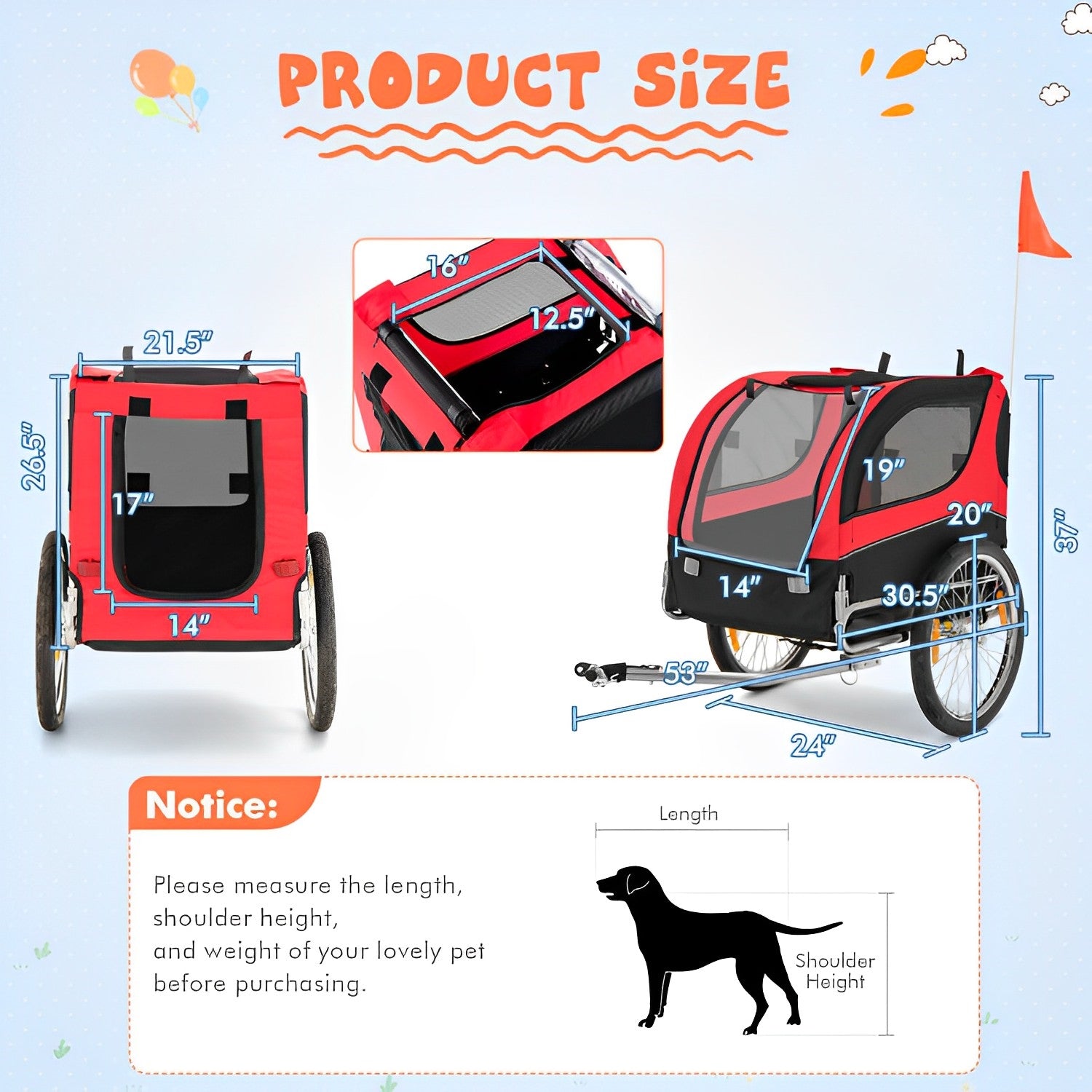 Dog Bike Trailer Foldable Pet Cart with 3 Entrances for Travel