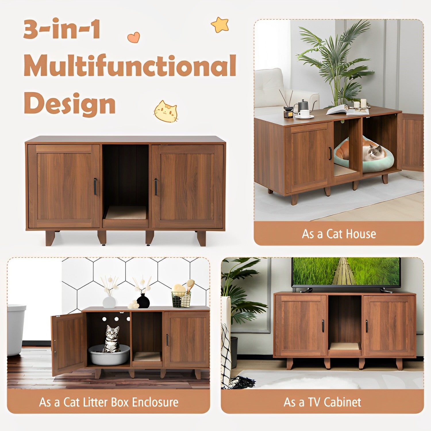 2-Door Cat Litter Box Enclosure with Winding Entry and Scratching Board