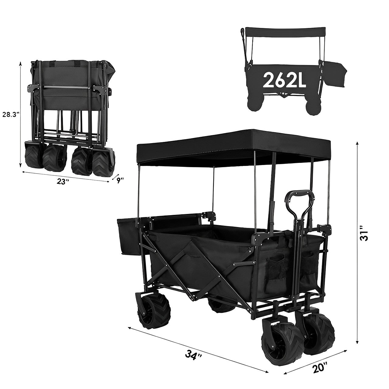 Collapsible Wagon Cart with Removable Canopy and Wide Large All Terrain Wheels