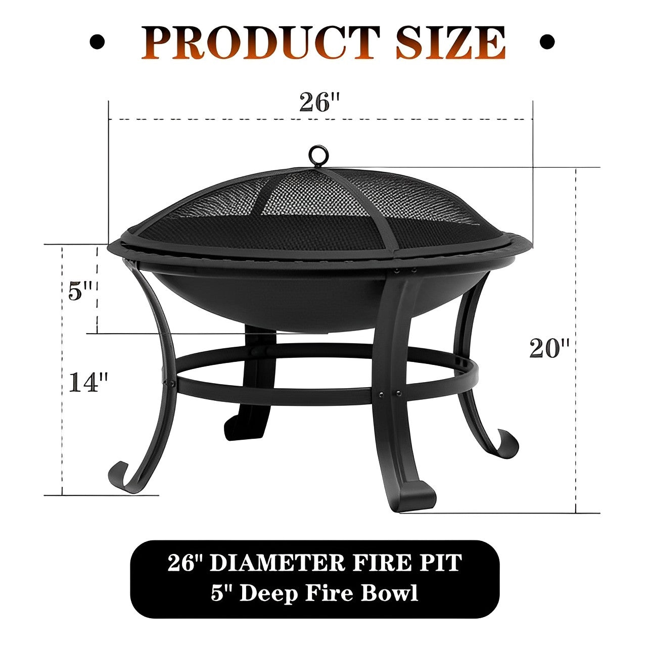 26in Outdoor All-Season Portable Steel Fire Pits with Spark Screen, Barbecue Net, Poke
