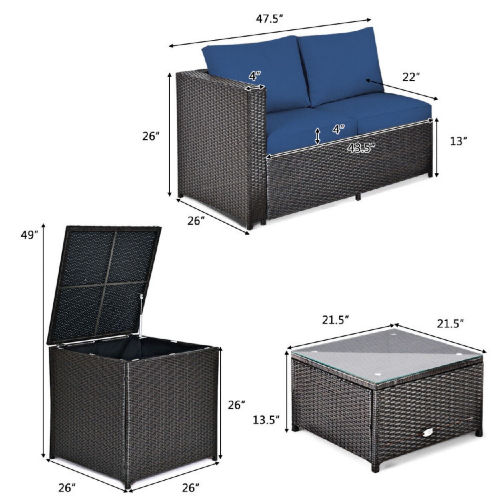 SUGIFT 4 Pieces Outdoor Patio Rattan Furniture Set with Loveseat and Storage Box