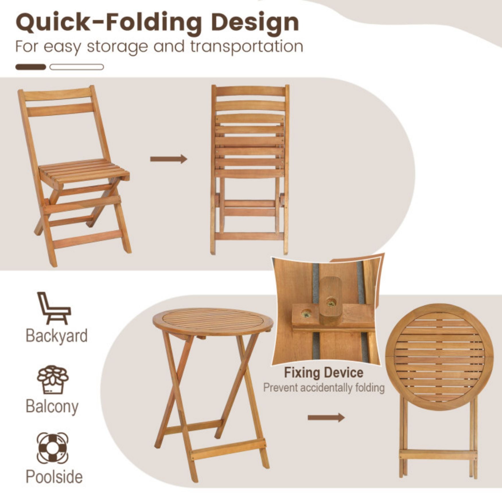 SUGIFT 3 Pieces Folding Patio Bistro Set with Slatted Tabletop