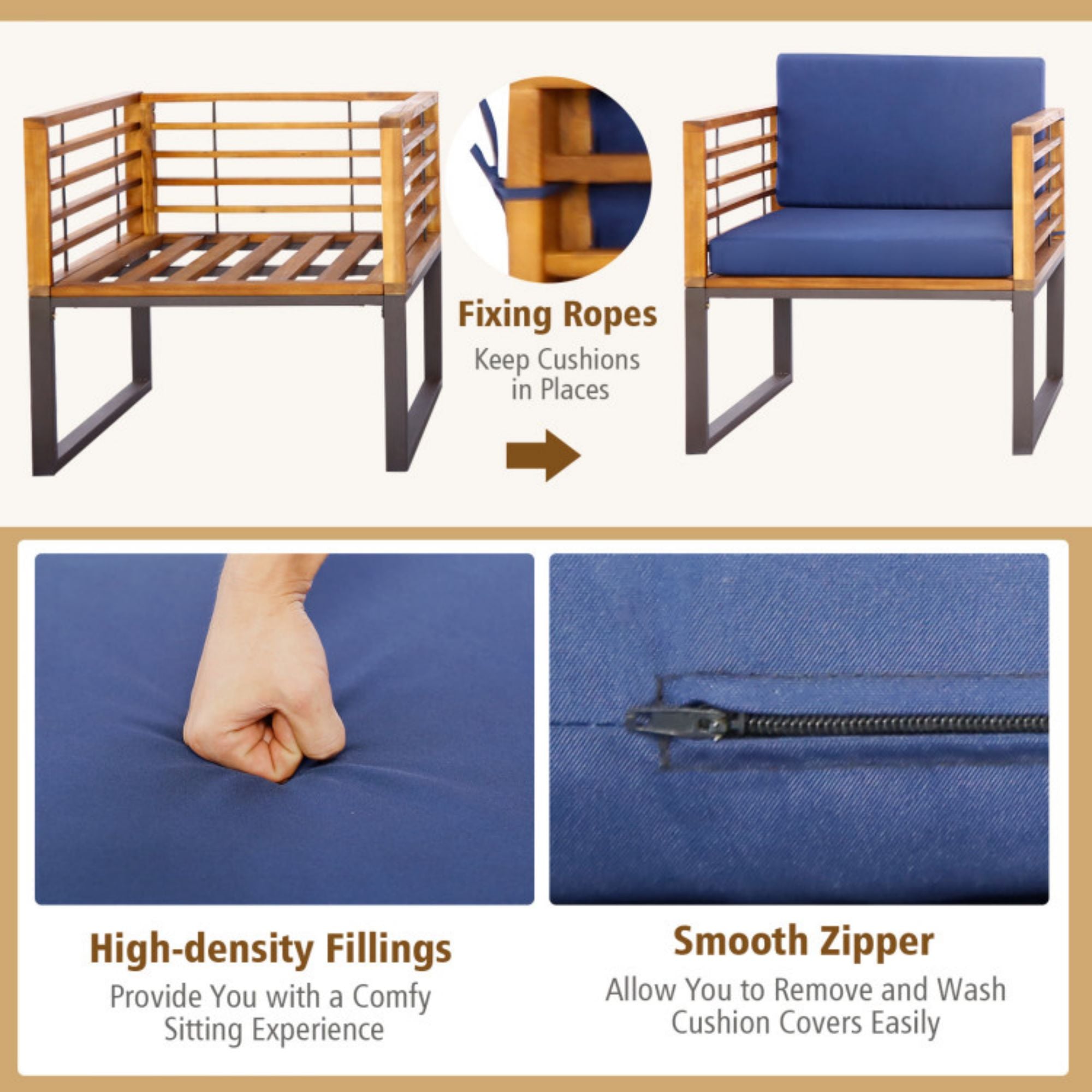 SUGIFT 3 Pieces Patio Acacia Wood Conversation Set with Cushioned Armchairs