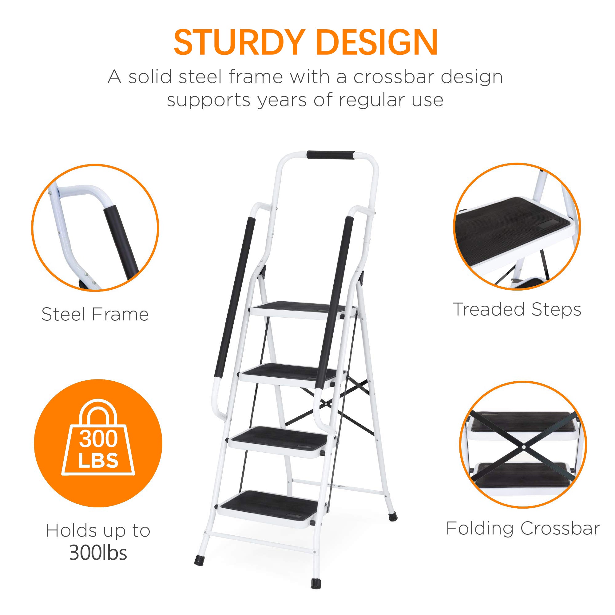 4 Step Folding Ladder with Hand Grip Non-Slip Safety Rails