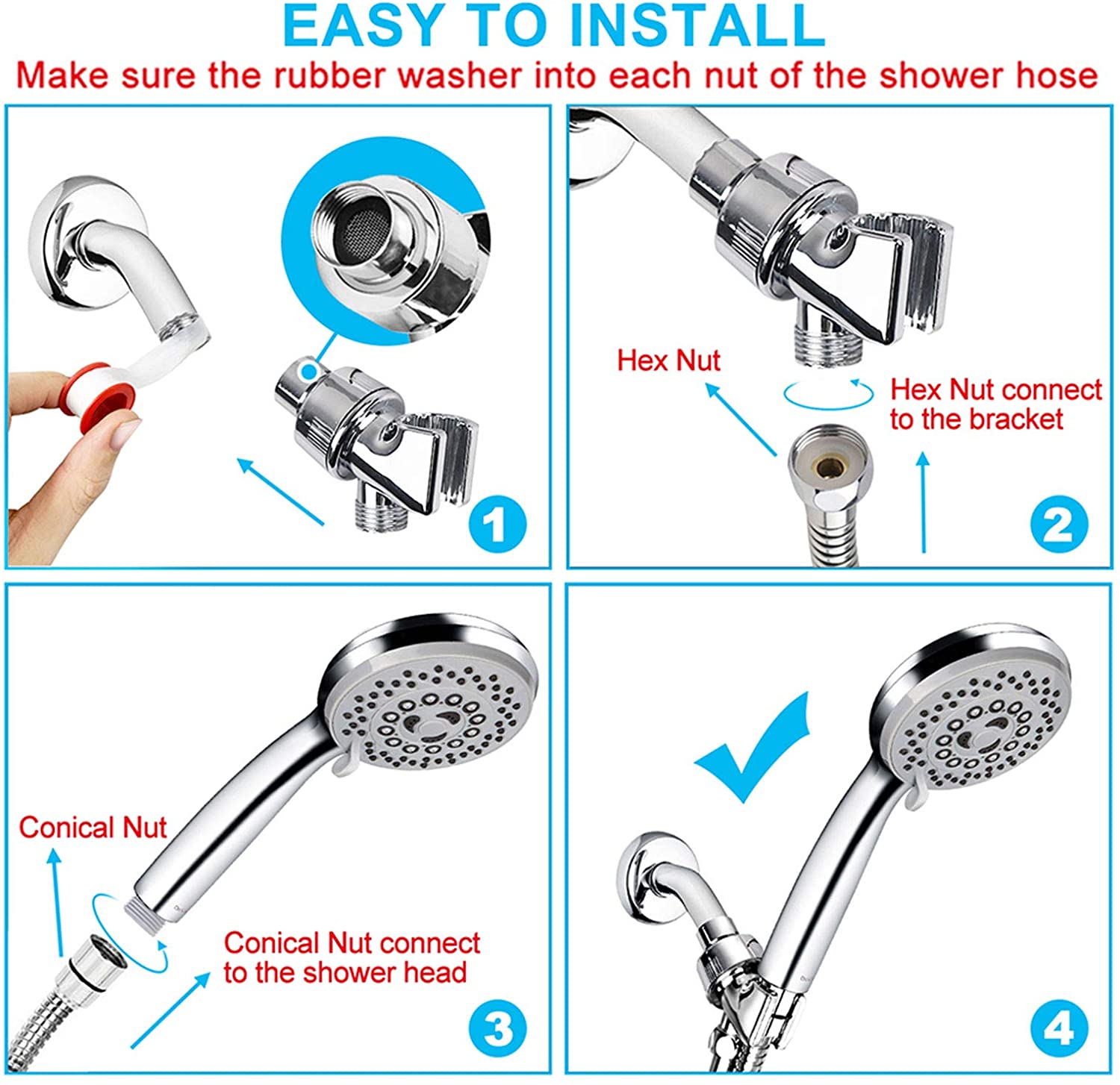 SUGIFT   High Pressure 5-Setting Handheld Shower Head with Powerful Shower Spray against Low Pressure Water Supply Pipeline, Multi-functions, w/79'' Hose, Bracket, Flow Regulator, Chrome Finish