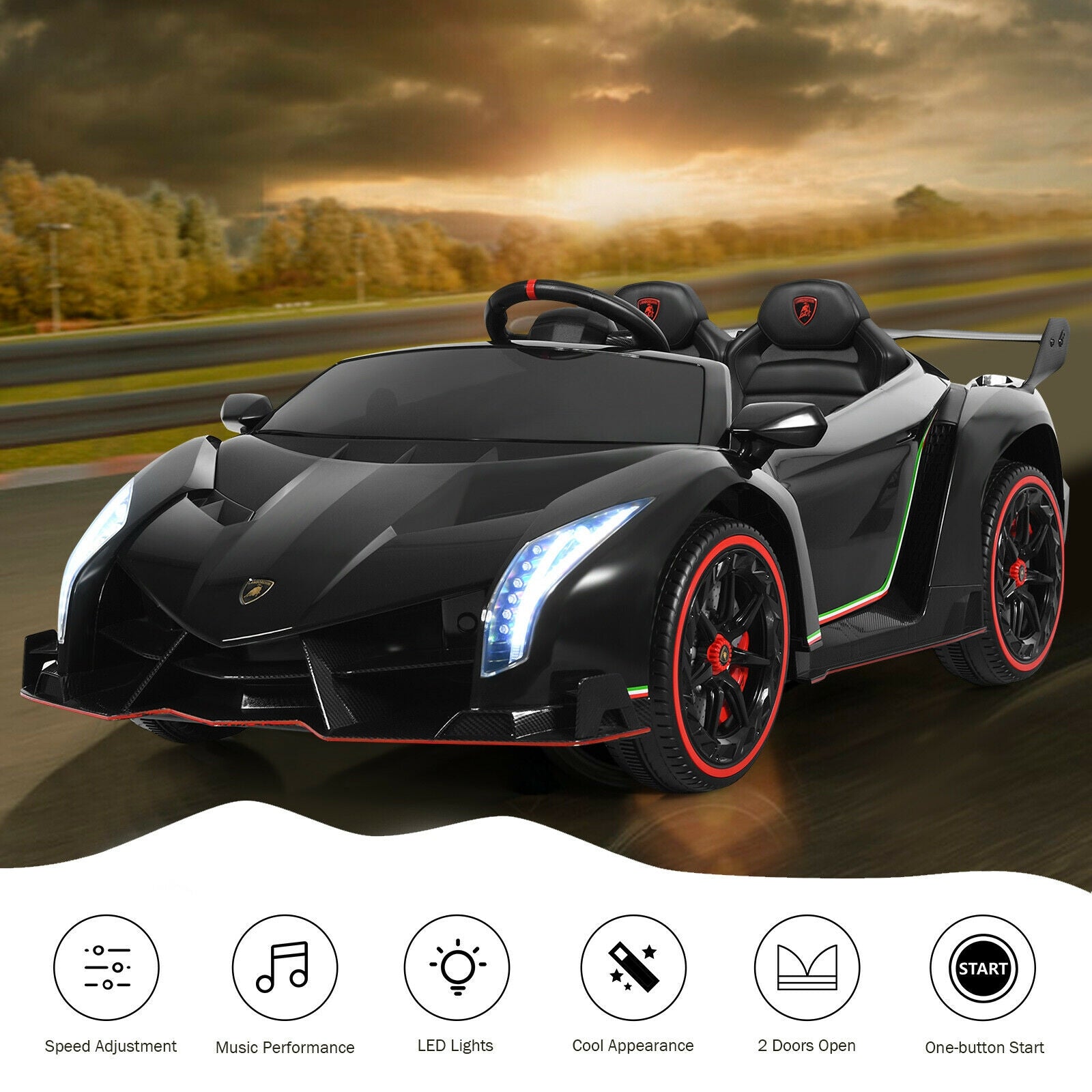 12V 2-Seater Licensed Lamborghini Kids Ride On Car with RC and Swing Function-Black