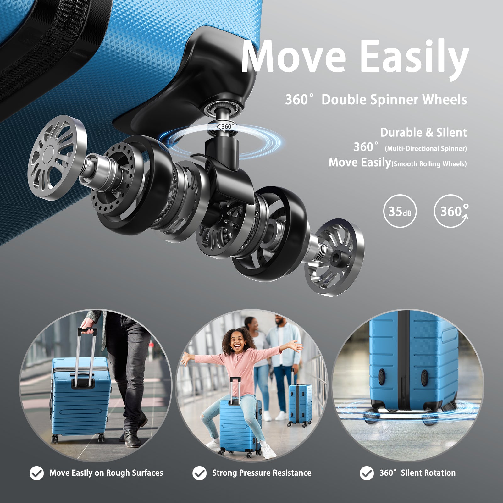 3-Pcs Luggage Sets, Trunk Set, ABS Lightweight Suitcase Sets with TSA Lock & Spinner Wheels, 20in/24in/28in - Light Blue