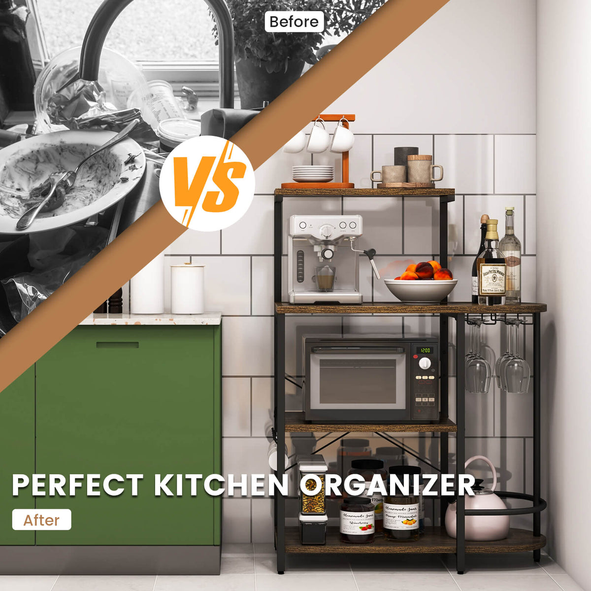 Green Bakers Rack 4-Tier Kitchen Bakers Rack with 6 S-Hooks and Stemware Racks – SUGIFT