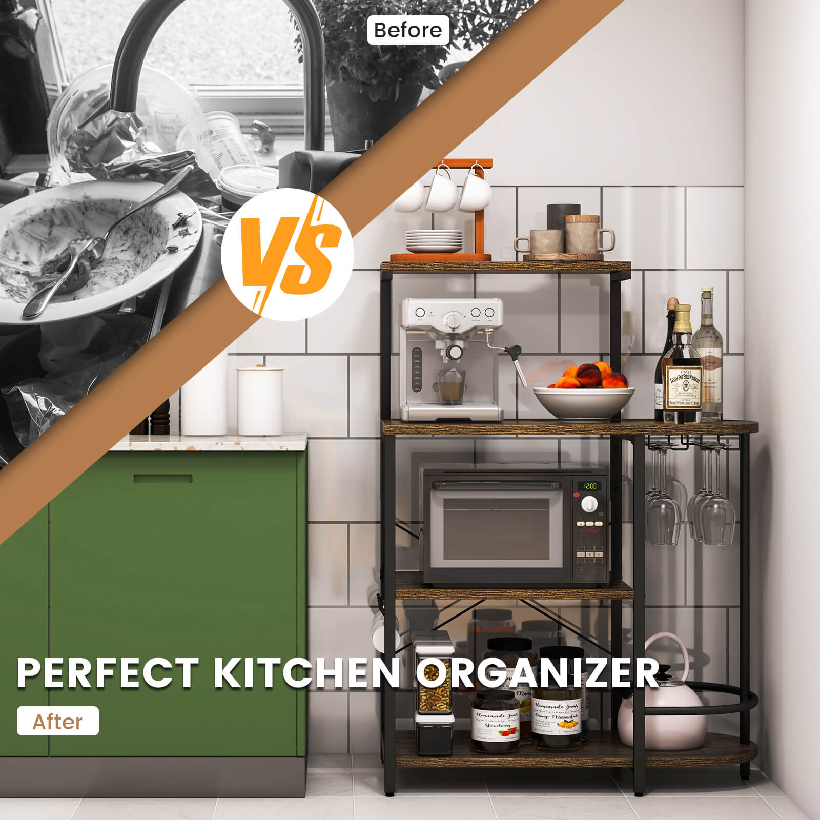 4-Tier Kitchen Bakers Rack with 6 S-Hooks and Stemware Racks