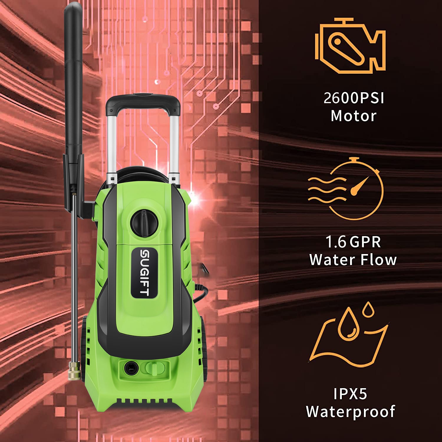 2600 Max PSI 1.8 GPM Electric High Pressure Washer, Cleans Cars/Fences/Patios