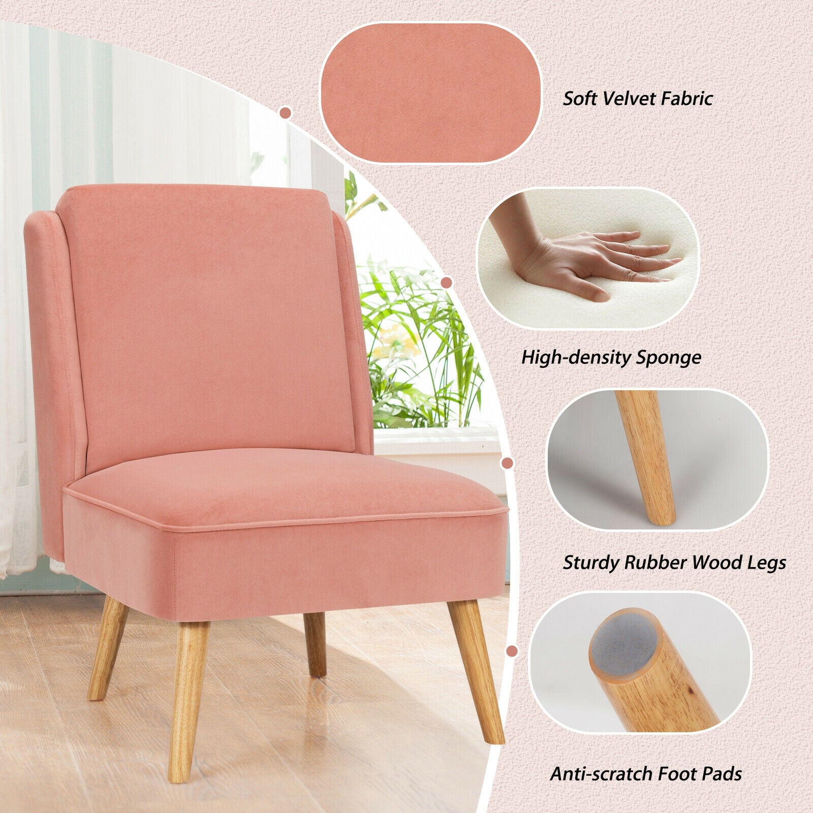 Velvet Accent Armless Side Chair with Rubber Wood Legs for Bedroom