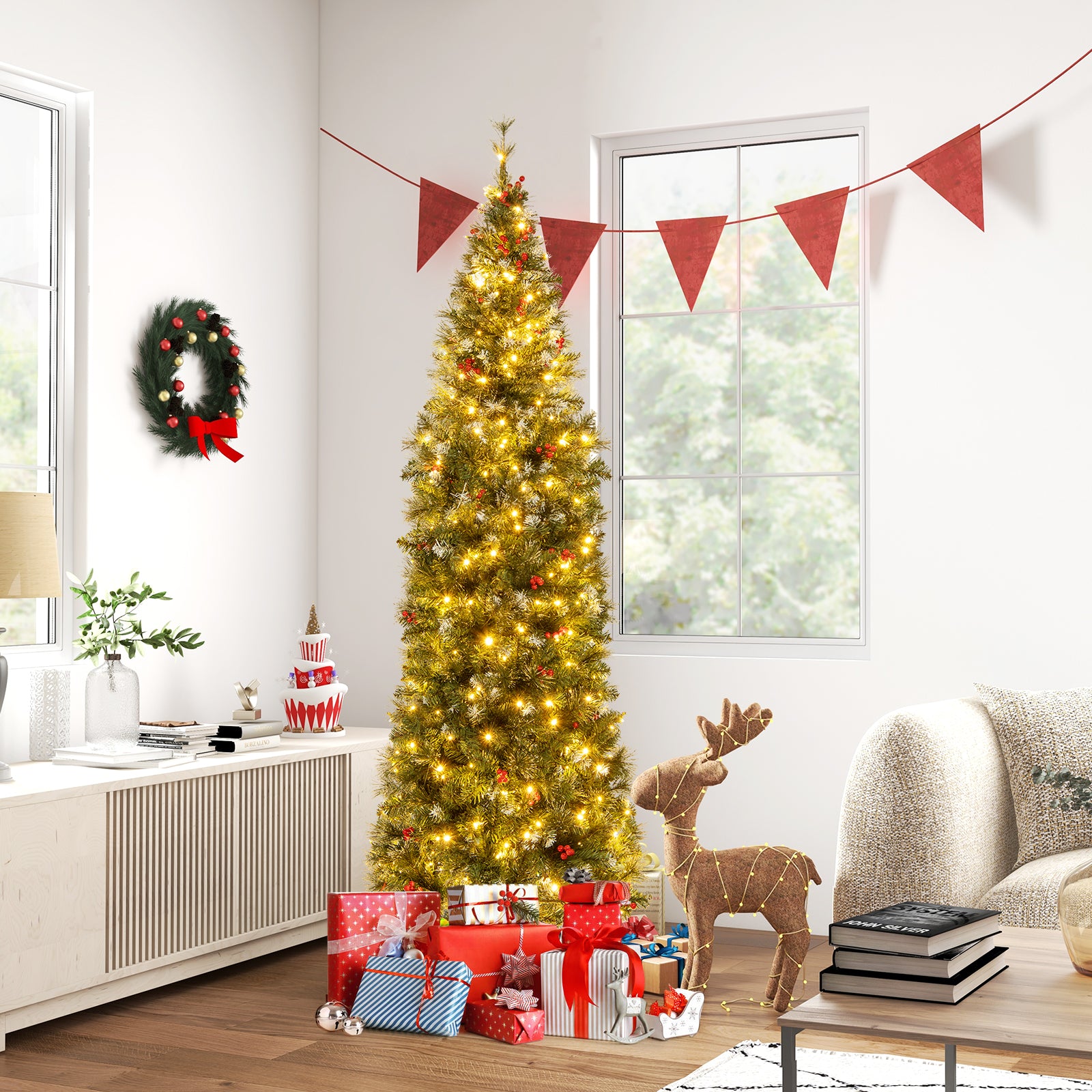 7 FT Pre-Lit Artificial Hinged Slim Pencil Christmas Tree