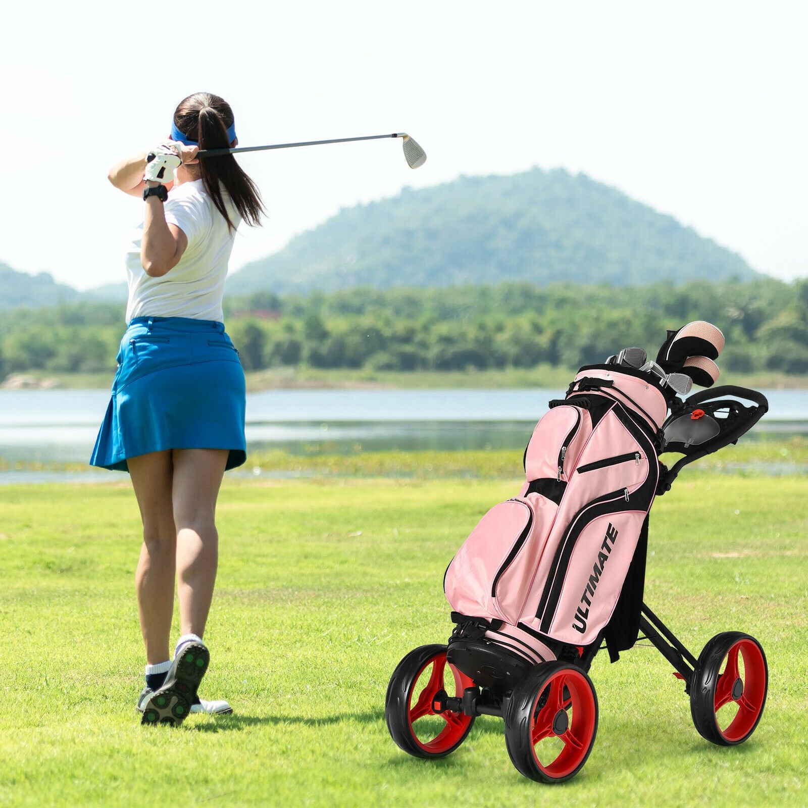 4 Wheel Golf Push Cart with Brake Scoreboard Adjustable Handle
