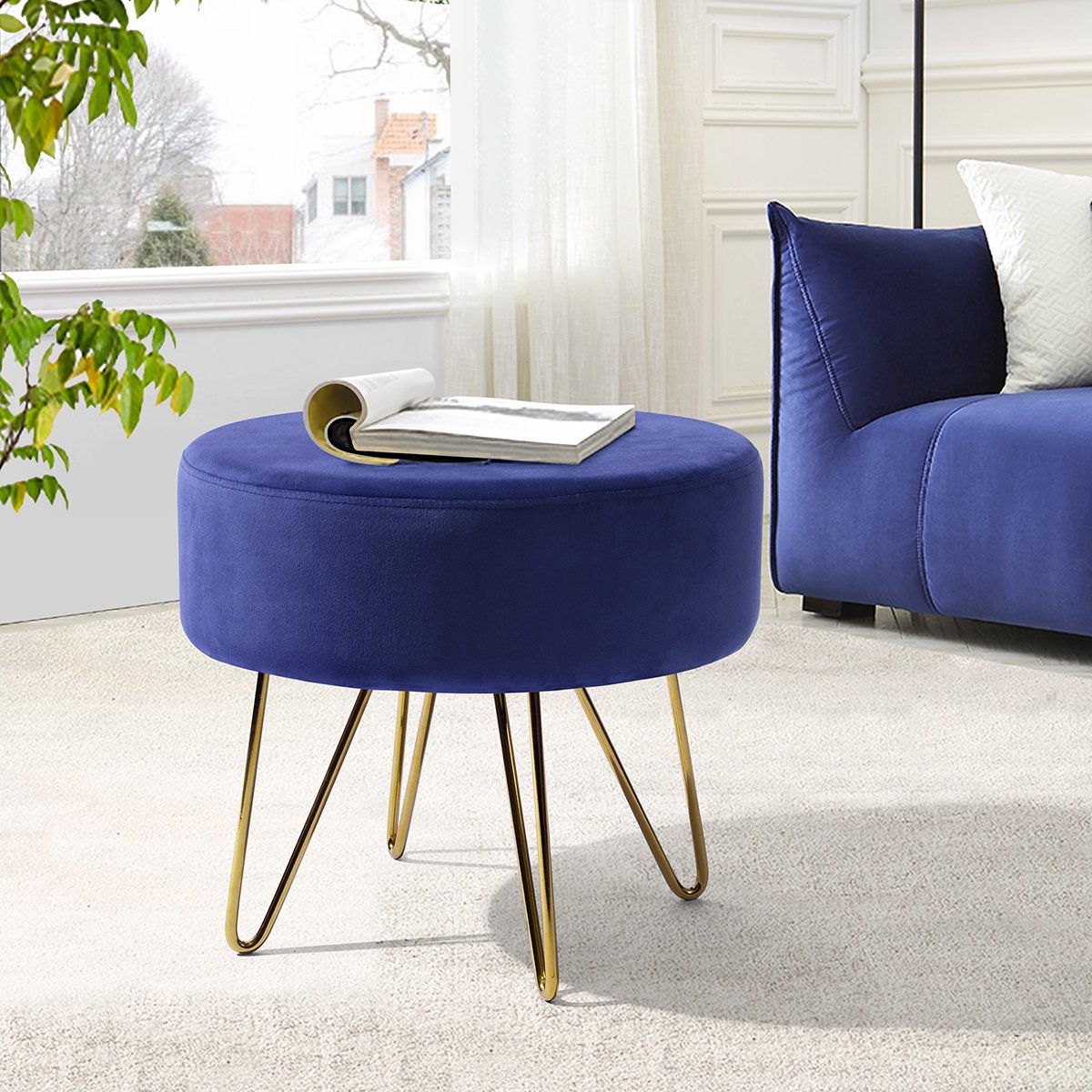 SUGIFT  17.7in Round Shaped Ottoman with Metal Legs Dark Blue and Gold