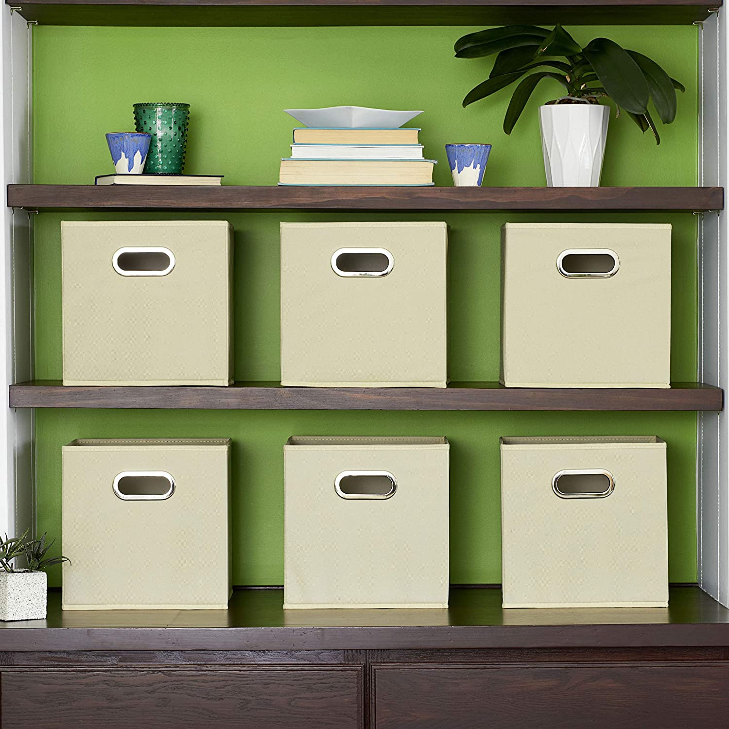 SUGIFT  Collapsible Fabric Storage Cubes Organizer with Handles, Beige - Pack of 6