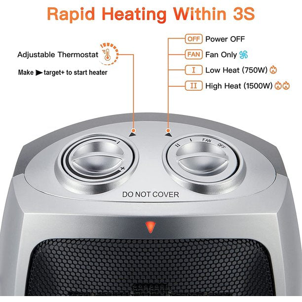 SUGIFT  Ceramic Heater with Thermostat, Overheat and Tip-over Protection, Heat Up 200 Square Feet in Minutes, Safe and Quiet for Office Room Desk Indoor Use (Silver)