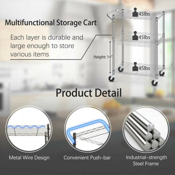 SUGIFT  3-Tier Utility Cart Heavy Duty Wire Rolling Organizer Cart with Handle Bar Storage Trolley