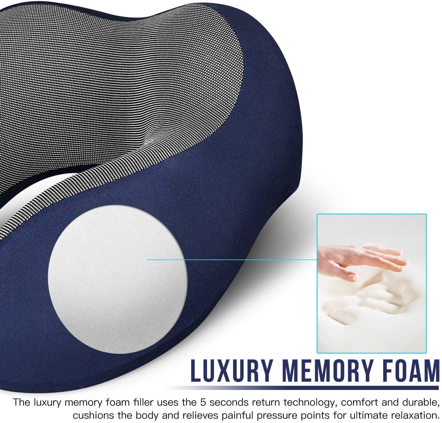 SUGIFT  Travel Pillow 100% Pure Memory Foam Neck Pillow, Comfortable & Breathable Cover, Machine Washable, Airplane Travel Kit with 3D Contoured Eye Masks, Earplugs, and Luxury Bag, Standard (Blue)
