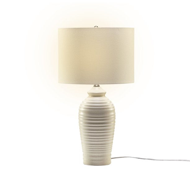 SUGIFT  24.7inch Modern LED Bedside Table Lamp with Drum-Shaped Linen Shade Beige