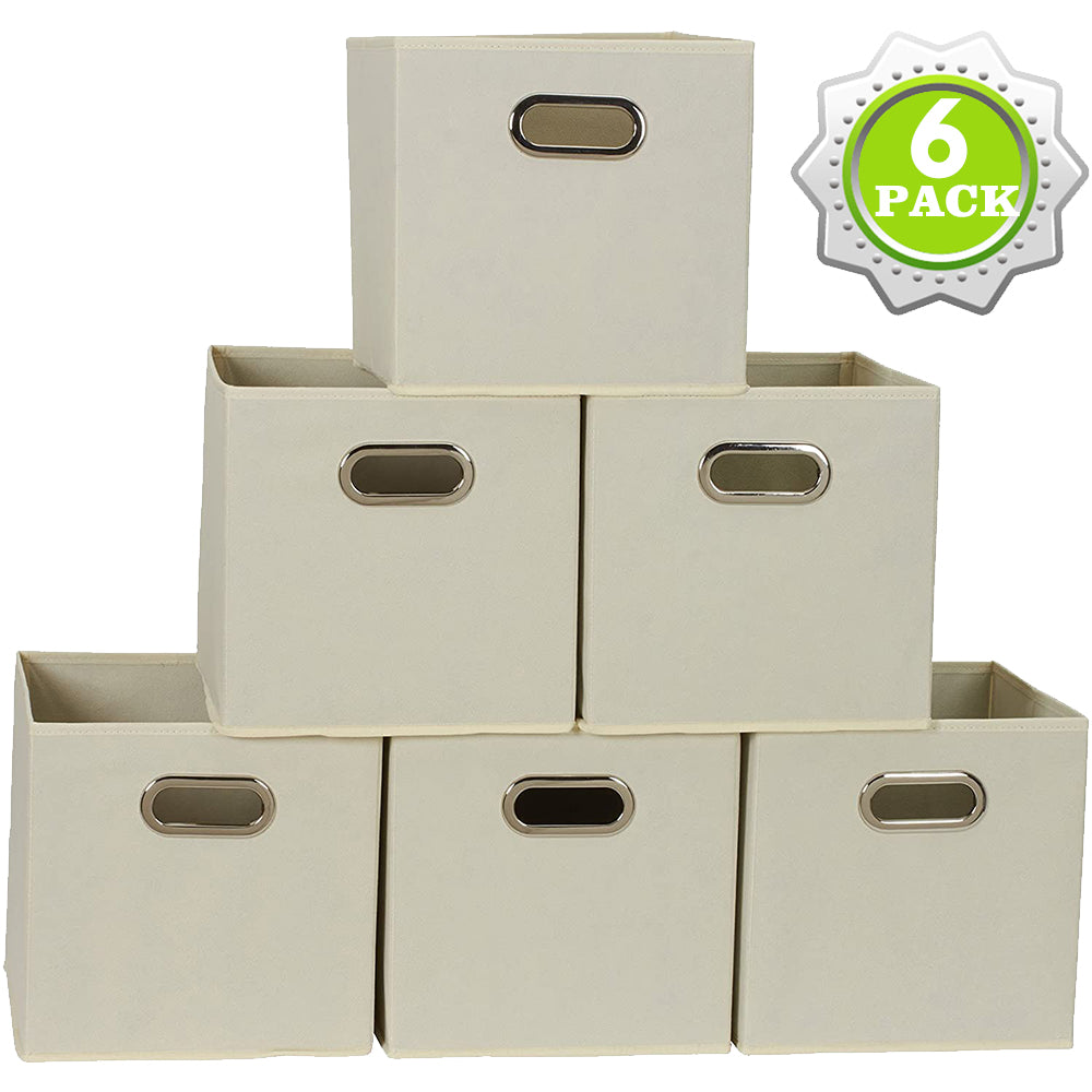 SUGIFT  Collapsible Fabric Storage Cubes Organizer with Handles, Beige - Pack of 6