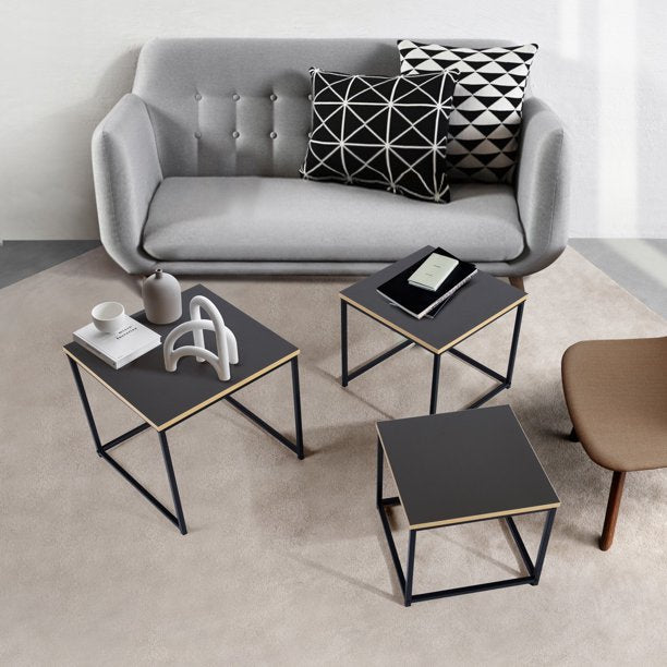 SUGIFT  3 Pack Black Square Nesting MDF Coffee End Desk/Side Table Set