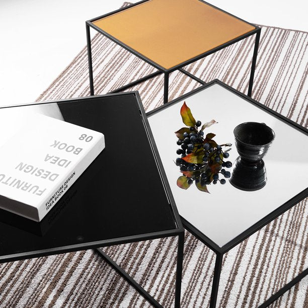 SUGIFT  3-Piece Mirror Top Nesting Coffee Table End Desk/Side Table Set in Black Steel Tube