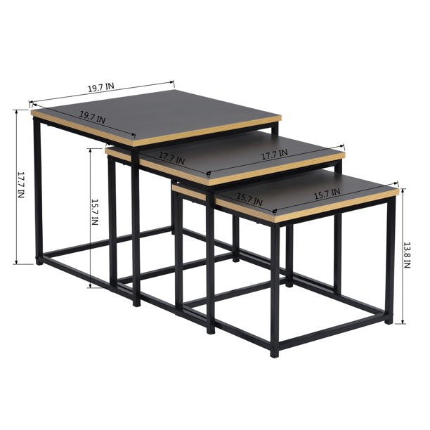 SUGIFT  3 Pack Black Square Nesting MDF Coffee End Desk/Side Table Set