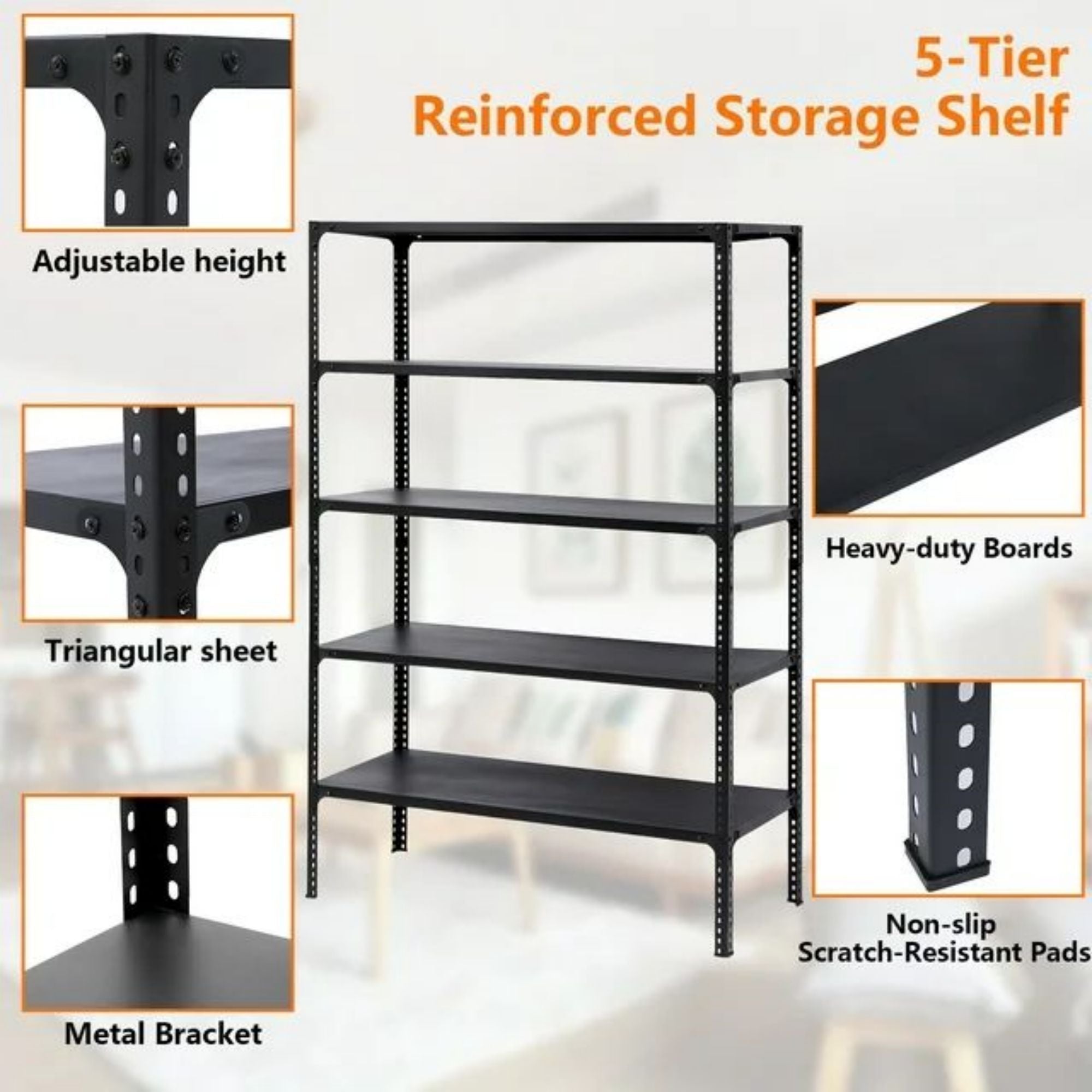 SUGIFT 5-Tier Storage Rack Shelf Freestanding Shelving Unit, Black