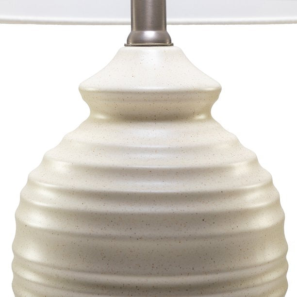 SUGIFT  24.7inch Modern LED Bedside Table Lamp with Drum-Shaped Linen Shade Beige